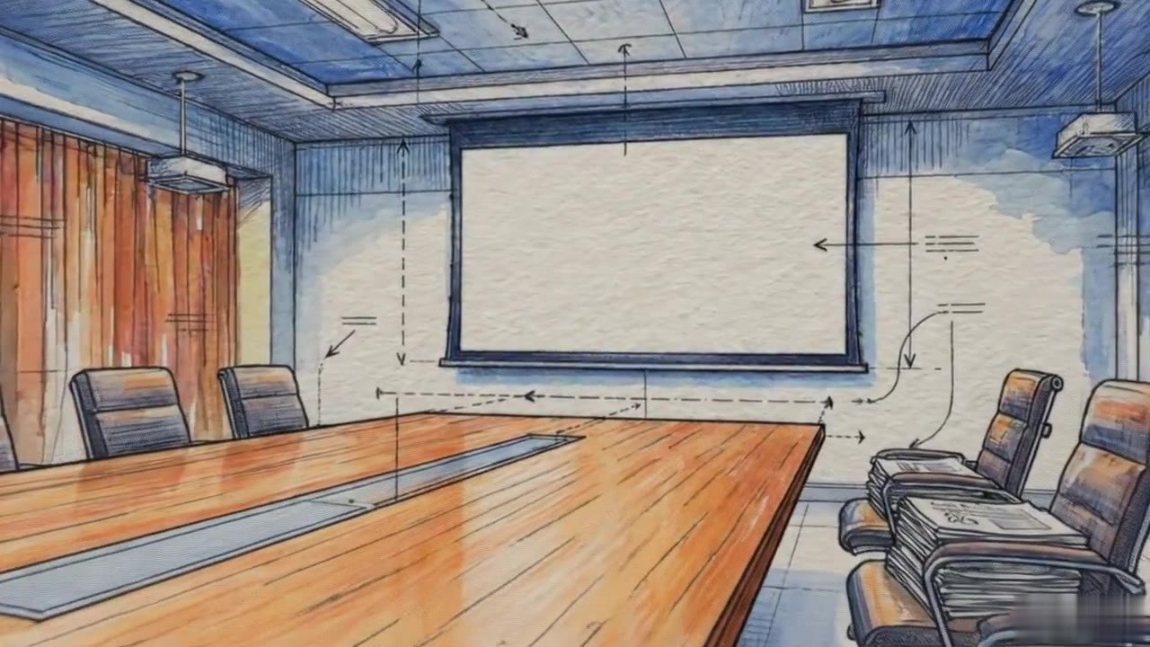 A hand-drawn sketch of an empty boardroom with a blank projector screen